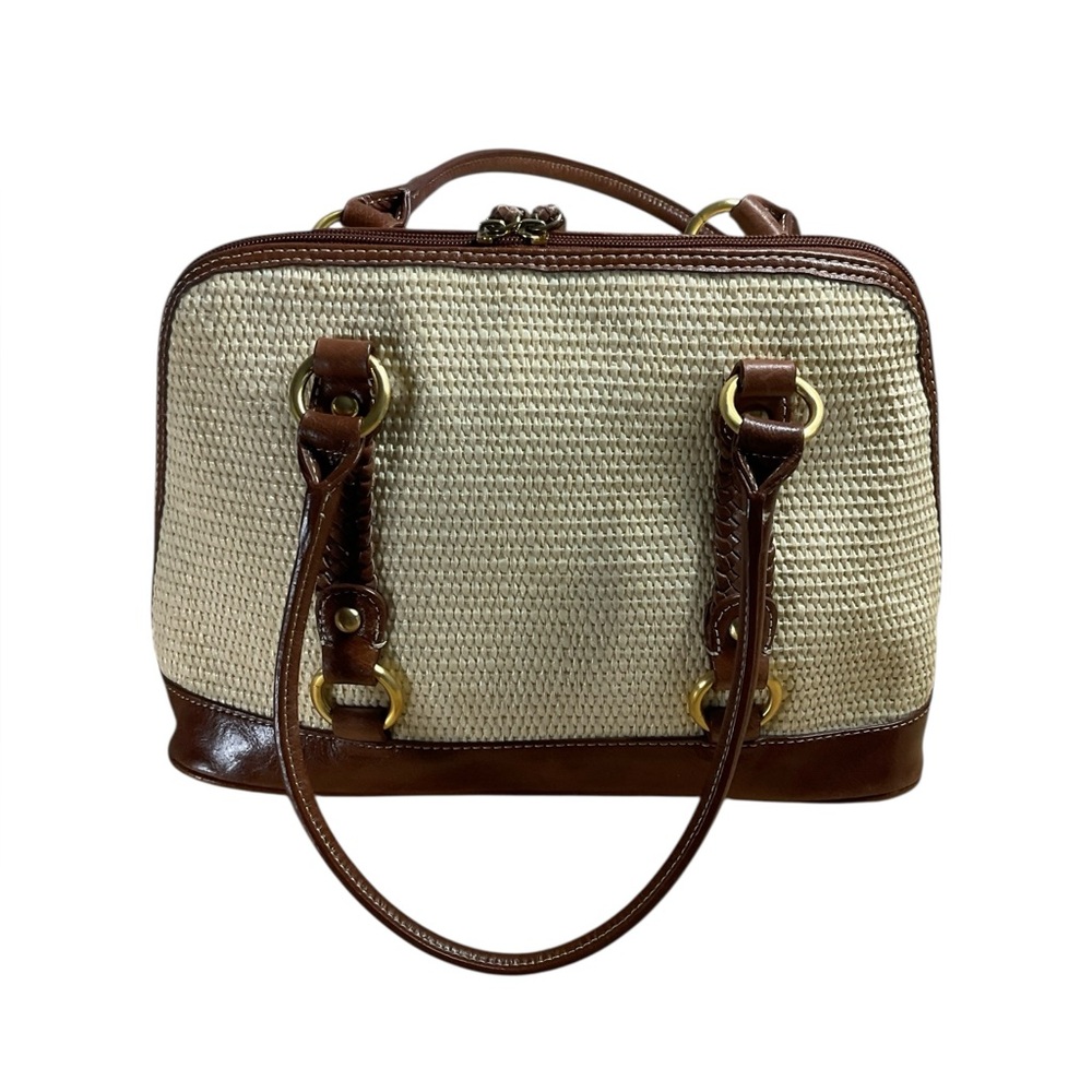 Giani Bernini Off-White Straw Top Handle Brown Leather Accent Satchel Purse Bag